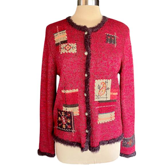 Napa Valley Red Cardigan Sweater MED Faux Fur Trim Fall Motif Patch Embroidery - Picture 1 of 11